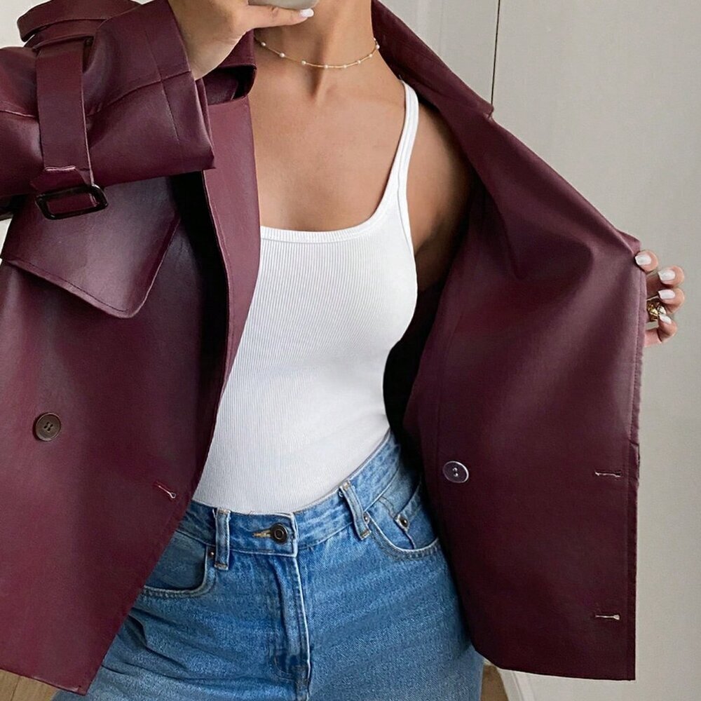 Burgundy Women's Double-Breasted Faux Leather cropped trench jacket coat - Picture 5 of 8